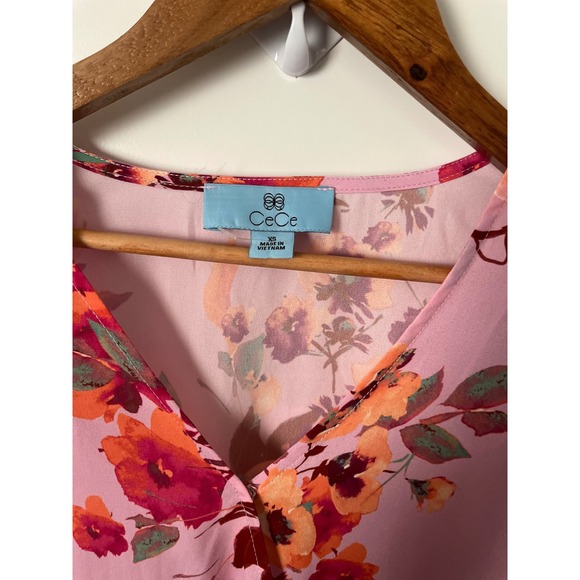 CeCe Pink Floral Bishop Sleeve Smocked Waist V Neck Blouse Top XS - Picture 6 of 6